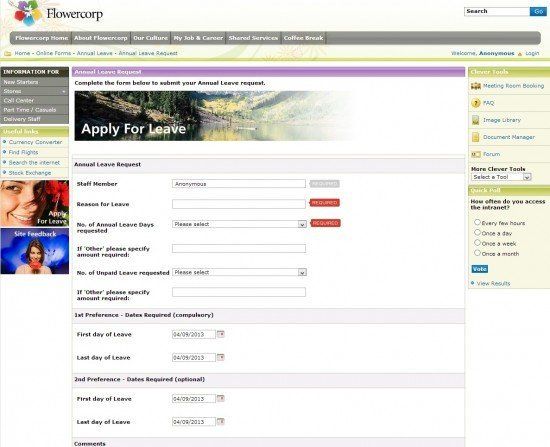 intranet dashboard annual leave request