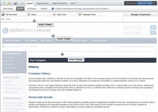 intranet dashboard editing site