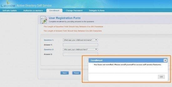 Lepide Active Directory Self Service Review enroll message
